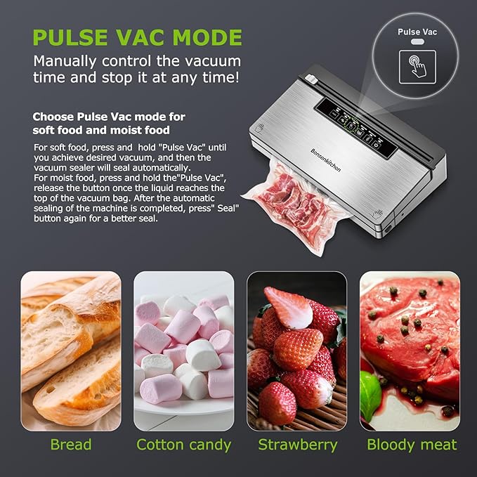 Bonsenkitchen Vacuum Sealer Machine, Powerful Stainless Steel Food Sealer with 5 Modes, Built-in Cutter & Bag Storage,Globefish Technology for High-Speed Continuous Working, Include 1 Bag Roll