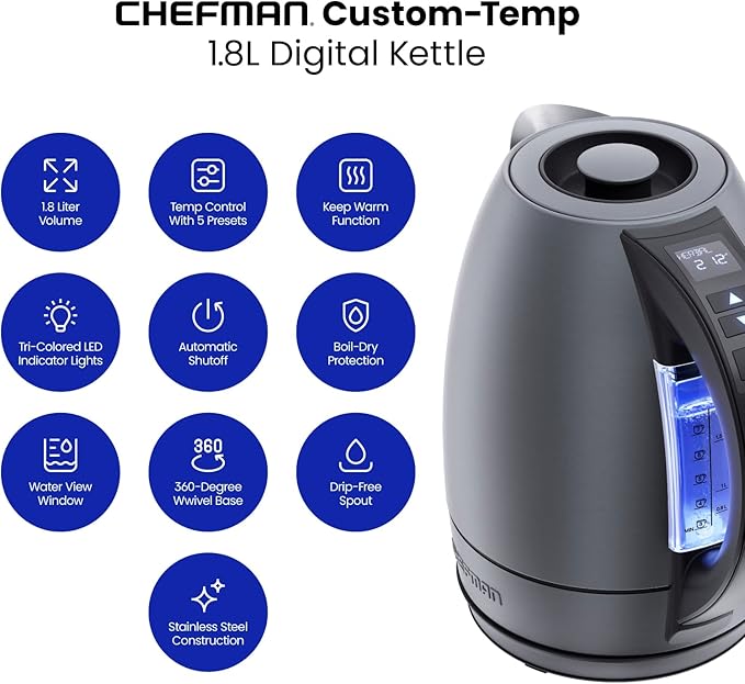 Chefman Electric Tea Kettle, 1.8 Liter Hot Water Electric Kettle Temperature Control Water Boiler with 5 Presets, Tri-Colored LED Lights, Keep Warm, Automatic Shutoff, Grey