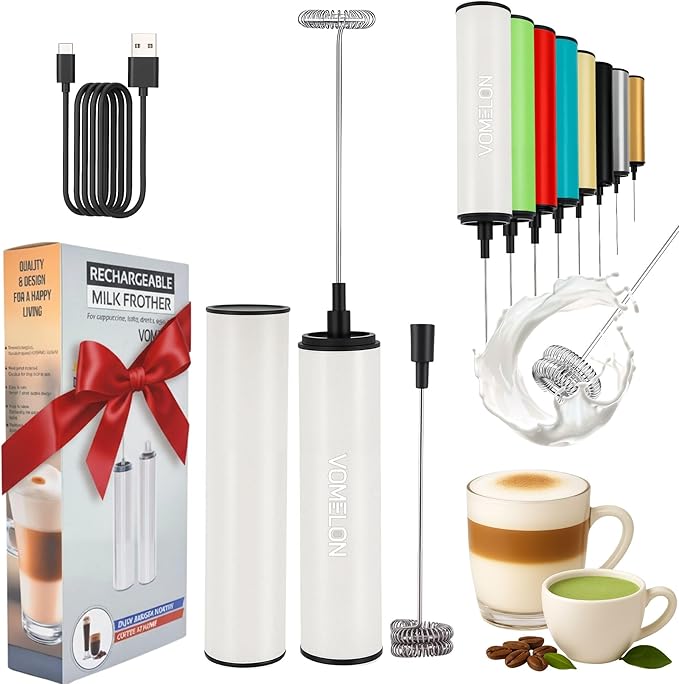 Milk Frother, Rechargeable Battery Operated Frother for Coffee,Portable Drink Mixer with 2 Stainless Steel Whisk Heads,Milk Foamer for Keto Coffee, Latte, Cappuccino, Hot Chocolate,White