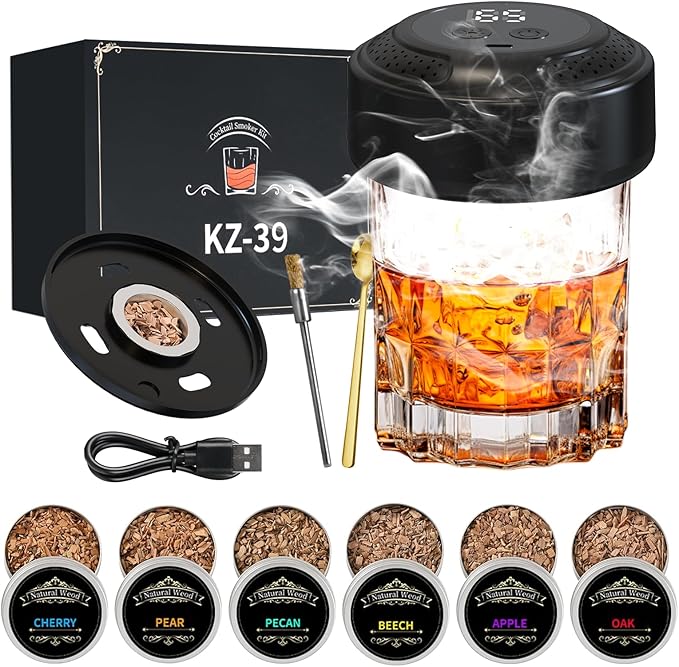 Electric Whiskey Smoker Kit with 6 Wood Chips, Rechargeable Electric Cocktail Smoker Kit Built-in Lighter, No Butane Needed, Bourbon Whiskey Gifts for Men,Dad,Husband, Christmas