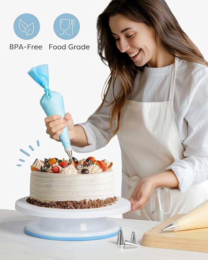 Kootek 71PCs Cake Decorating Kit, Baking Supplies Tools - Includes Cake Stand Turntable, 12 Icing Piping Tips Set, 2 Frosting Spatulas, 3 Scrapers, 50+2 Piping Bags, Coupler, Video Tutorial, Booklet