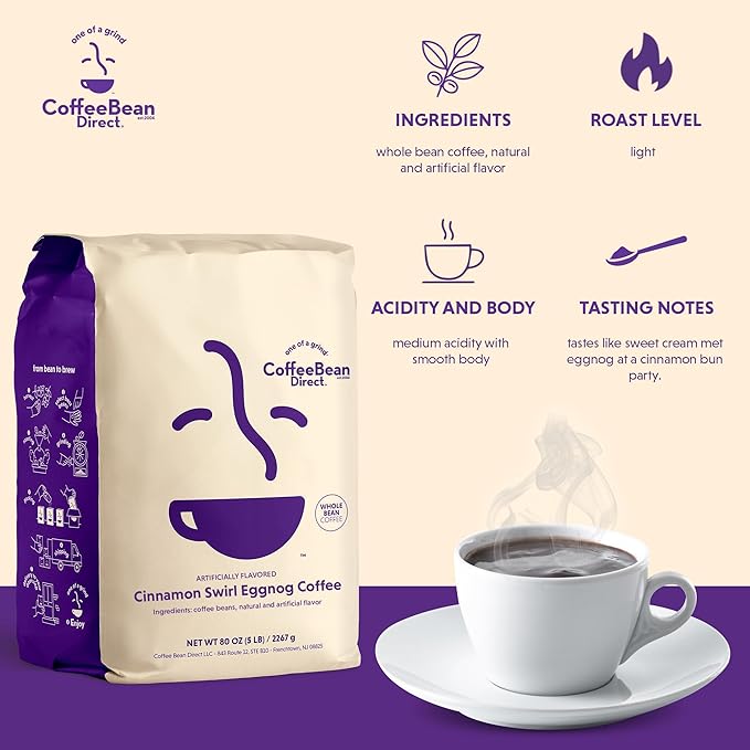 Coffee Bean Direct Cinnamon Swirl Eggnog Flavored, Whole Bean Coffee, 5 Pound Bag (Pack of 1)