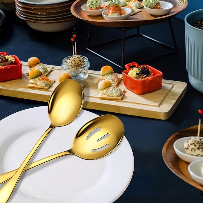 Stainless Steel Serving Spoons Set, 6pc, 10-Inch, Includes 3 Large, 3 Slotted, for Parties/Kitchen/Buffet/Catering, Dishwasher Safe, Gold