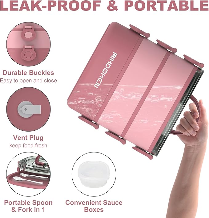 Lunch Box, Stackable 3 Layers Containers, Portable 94OZ Large Capacity Leakproof Bento Box with Spoon & Fork & Sauce Boxes, Microwave Safe Lunch Box for Kids and Adults