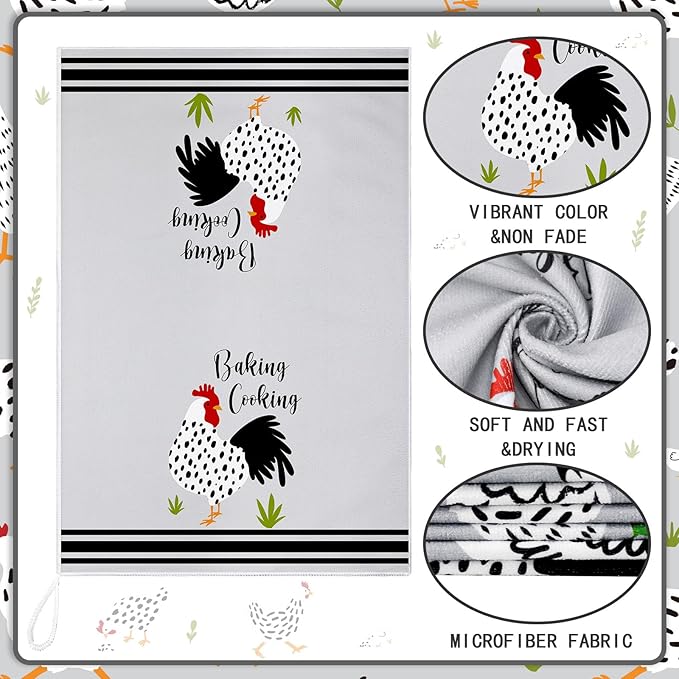 Boyiee Set of 6 Farm Chickens Kitchen Towels Farmhouse Absorbent Dish Tea Towels Rustic Country Rooster 24 x 16 Inches Gifts Chickens Hand Washcloth Gifts for Kitchen Bathroom Decorations