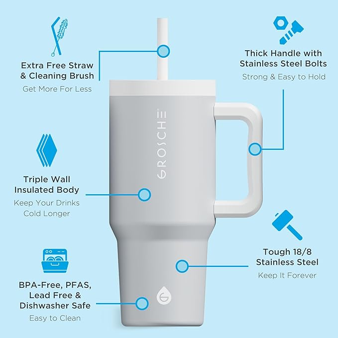 GROSCHE ASPEN 32 oz Tumbler with Handle and Straw. Extreme Insulation, Classy Design, Built to Last Insulated Stainless Steel Tumbler with Handle, Lid and Straw - Lunar Grey