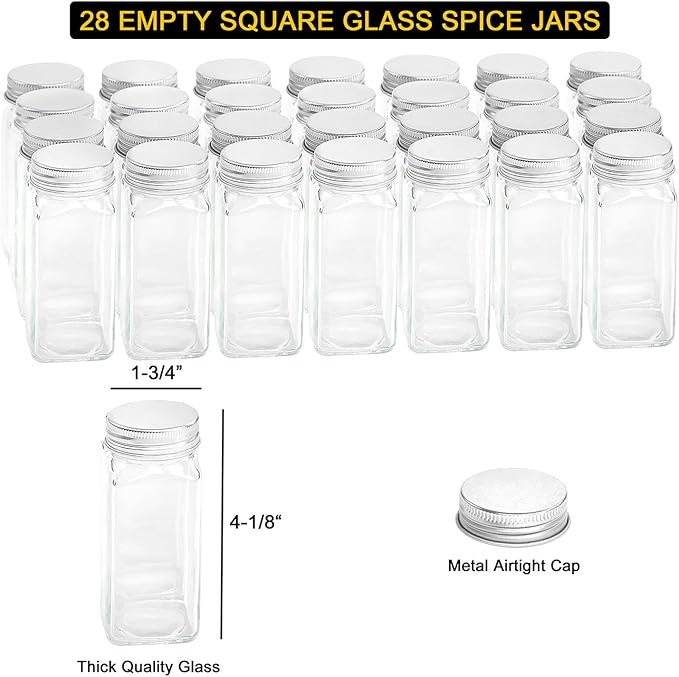 SpaceAid Spice Rack Organizer with 28 Spice Jars, 386 Spice Labels, Chalk Marker and Funnel Set for Cabinet, Countertop, Pantry, Cupboard or Door & Wall Mount - 28 Jars, 13.4" W × 10.8" H, White