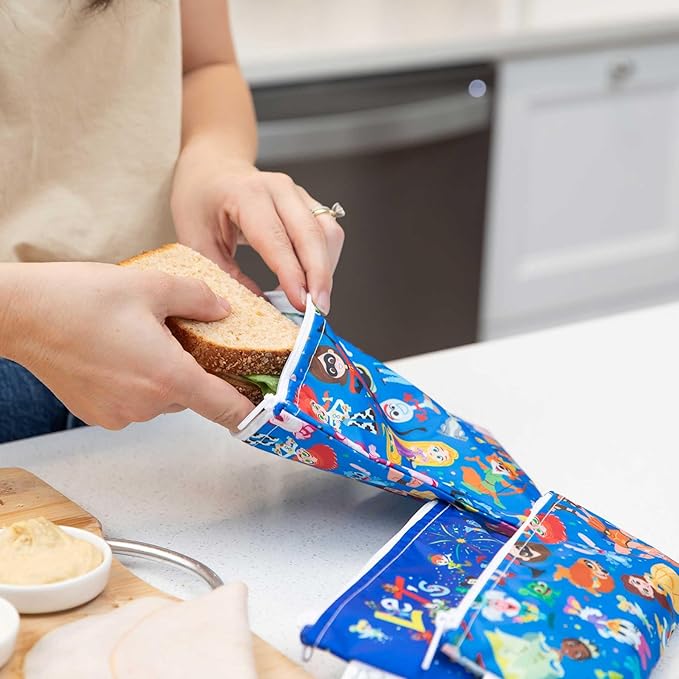 Bumkins - Cloth Snack & Sandwich Bags - For Storage, Travel, Food Prep, Lunch - Reusable, Water Resistant, Dishwasher Safe - Snack Bags for Kids - Zipper Closure - Disney 100 Years Celebration -3 Pack