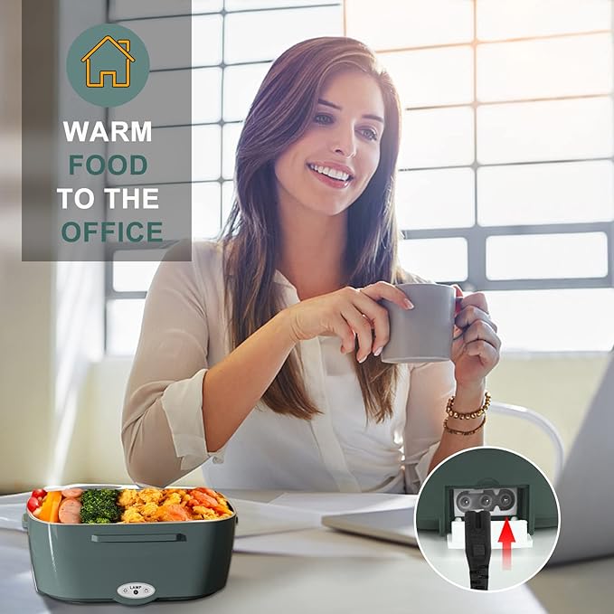 Monteka Electric Lunch Box Food Heater - Leakproof Portable Food Warmer heated lunch box for adults for Car/Home/Truck with 1.5L Removable Stainless Steel Container, 12V/24V/110V, Green