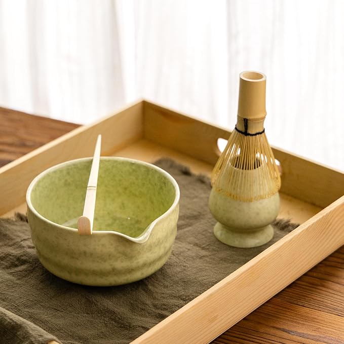 Matcha Whisk Set,Ceramic Matcha Set,with Ceramic Bowl,Bamboo Whisk&Holder,Scoop,Authentic Japanese Matcha,for Matcha Lovers,Gift for Family/Friend(tea green)