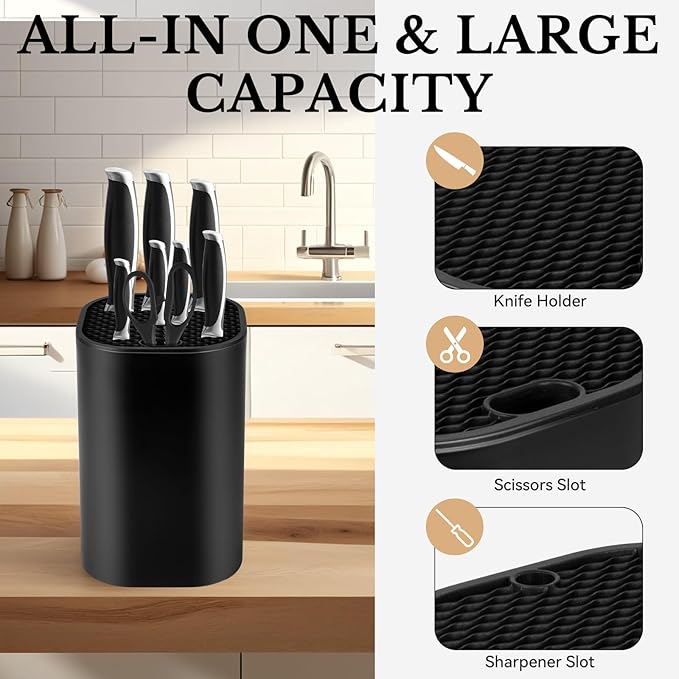 Ninonly Black Knife Block Without Knives 3 in 1 Universal Square Knife Holder Without Knives with Scissors Slot and Sharpening Rod Detachable Kitchen Knife Holder for Easy Cleaning Space Saver