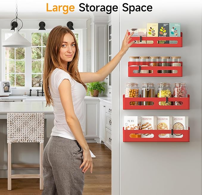 4 Pack Magnetic Spice Rack for Refrigerator, Spice Rack Organizer, Moveable Magnetic Shelf Fridge Organizer with 4 Hooks for Kitchen and Oven Organization, Red
