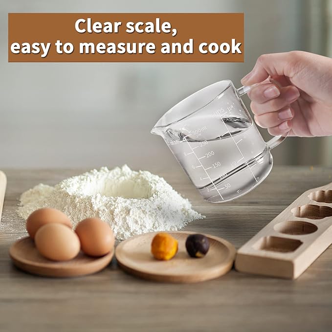 Newness Glass Measuring Cup with Handle, 300 ML (0.3 Liter, 1 1/4 Cup) Measuring Cup with Three Scales (OZ, Cup, ML/CC) and V-Shaped Spout, Measuring Beaker for Kitchen or Restaurant, Easy to Read