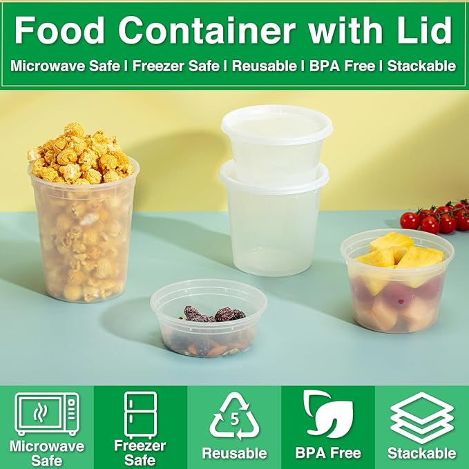 Deli Food Containers with Lids 8 oz-50 Pack Meal Prep Containers Food Storage Containers with Lids Stackable, Leakproof, BPA Free, Microwave Dishwasher Freezer Safe for Takeout Meal