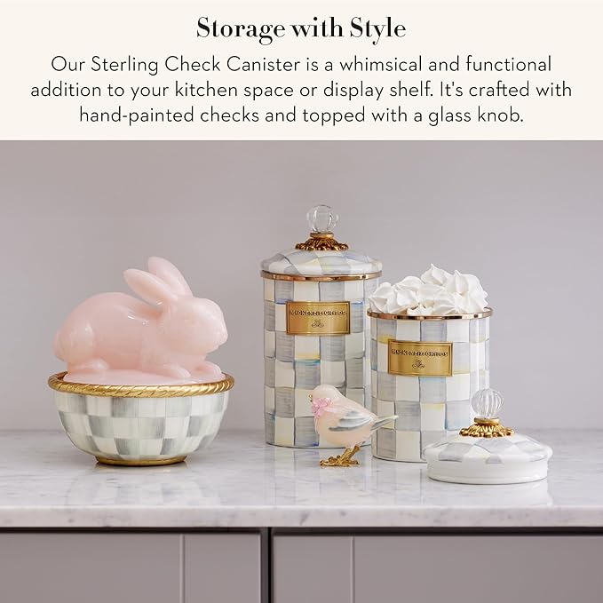 MACKENZIE-CHILDS Medium Enamel Canister, Kitchen Storage Container for Flour and Sugar, 1.42 Liters, Grey-and-White Sterling Check