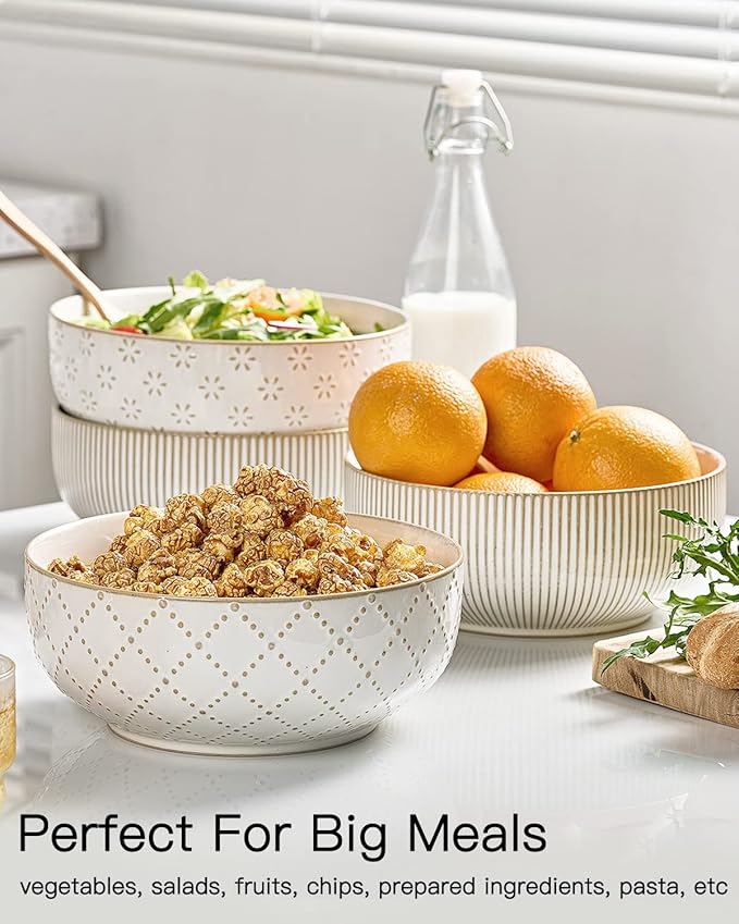 getstar Large Serving Bowls (8 inch & 60 fl oz), Ceramic Salad Bowl Set of 2, Microwave and Dishwasher Safe, Farmhouse Kitchen Decorative Bowls Set (Embossed Stripes & Stars)