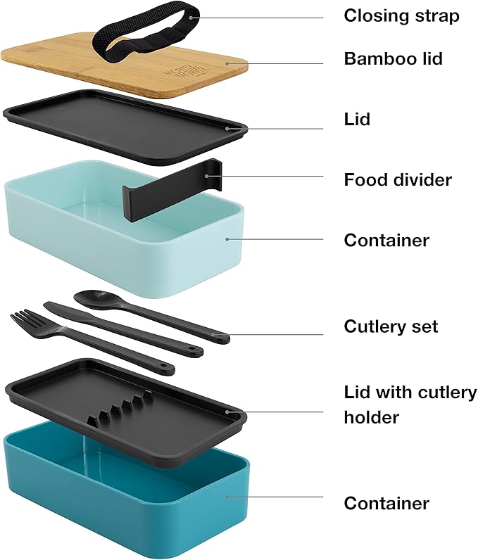 Premium Bento Box for Adults Blue – 2-Tier 46 oz Lunch Container Box with Bamboo Lid, BPA-Free & Leakproof, Microwave & Dishwasher Safe, Includes Food Divider & Cutlery – Ideal for Work & Travel