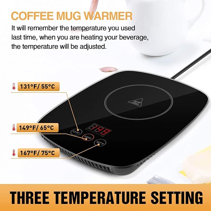 Coffee Mug Warmer,Upgrade Coffee Cup Warmer with 3 Temperature Setting, Adjustable Temperature Beverage Warmer with Auto Shut Off (Without Mug)