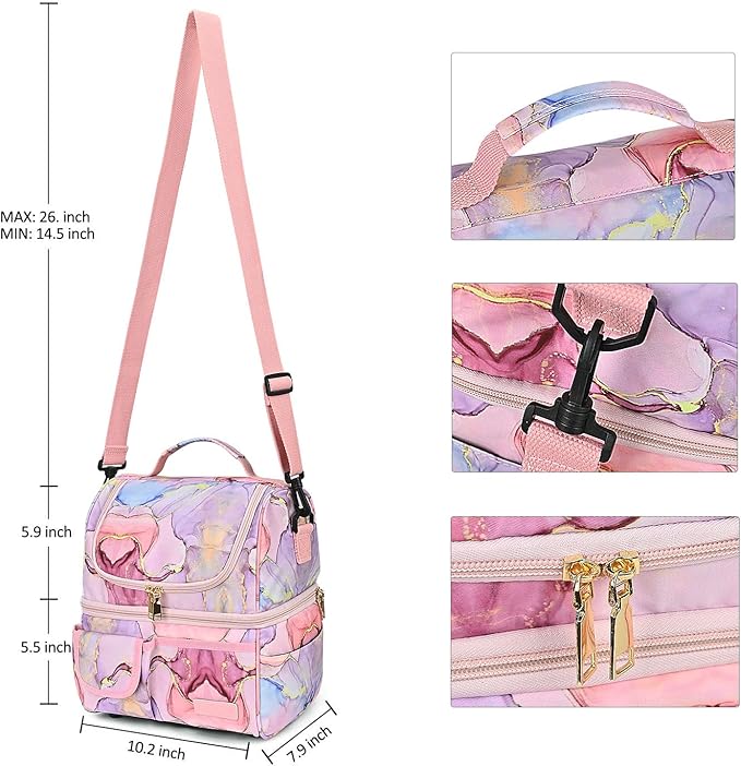 LOKASS Lunch Box for Women-Double Deck Insulated Adults Lunch Bag with Removable Shoulder Strap- Cute Wide Open Lunch Tote for Work/Office/Picnic/Beach/Travel (Pink)