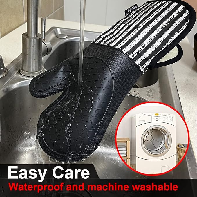 Silicone Oven Mitts Heat Resistant 932℉ with Waterproof & Non-Slip Kitchen Mittens, Set of 2 Extra Long Oven Gloves with Soft Cotton Terry Lining for Baking Cooking Barbecue (2, Black Mitts)