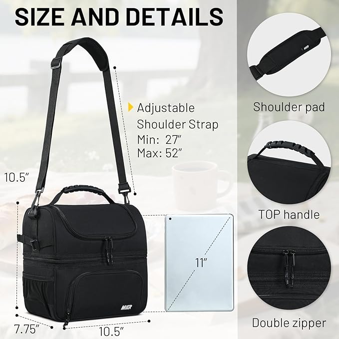 MIER Dual Compartment Lunch Bag Tote with Shoulder Strap for Men and Women Insulated Leakproof Cooler Bag, Black