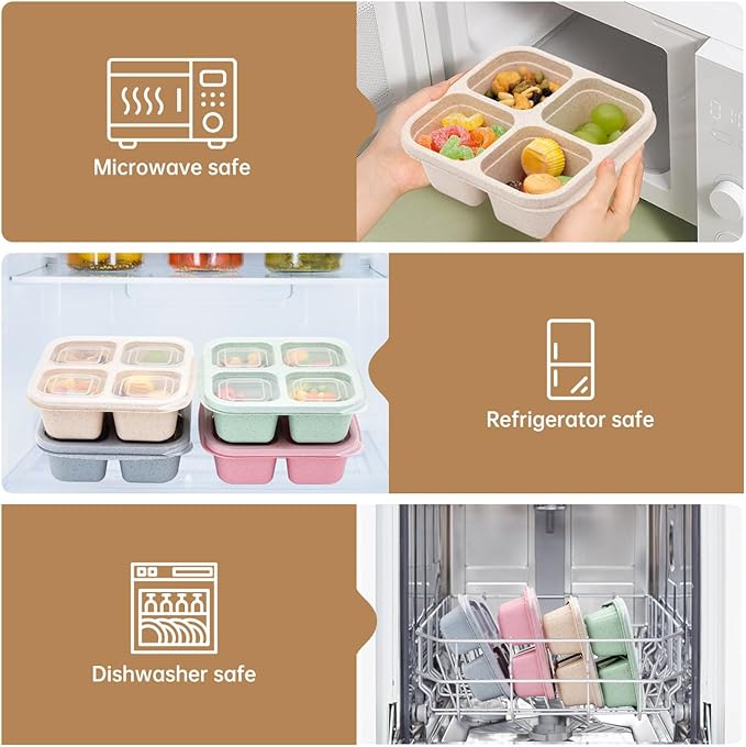 4 Pack Bento Lunch Box，4 Compartment Snack Containers，Divided Bento Snack Box，Meal Prep Containers Kids/Toddle/Adults,Food Storage Containers for School, Work and Travel