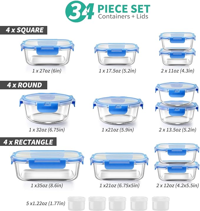 34pcs Glass Food Storage Containers with Lids Set,Airtight Glass Meal Prep Containers (17 Containers&17 Lids),Leak Proof Lunch Containers BPA-Free,Microwave,Oven,Freezer&Dishwasher,Blue