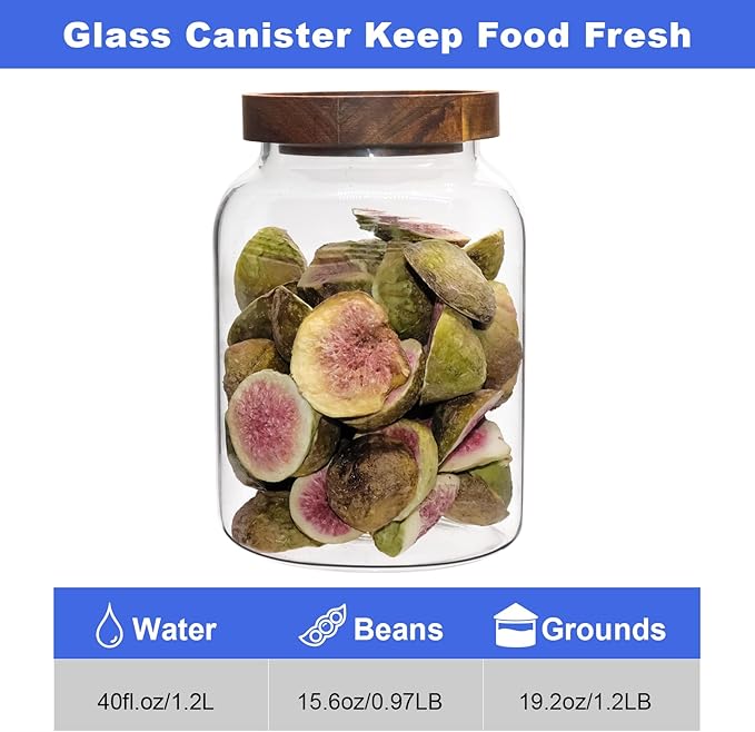 Glass Food Storage Jar with Lids Spoon Glass Coffee Canister Borosilicate Glass Food Containers for Ground Coffee Beans Nut Pasta Sugar Candy Spice Rice Tea (1200ml/40oz-1 pack-no spoon)