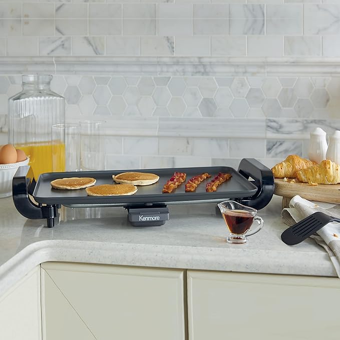 Kenmore Electric Griddle - External Temperature Control, Easy Clean Countertop Cooking Kitchen Appliance Removable Drip Tray, Grill Bacon, Eggs, Pancakes, Crepes, Tortillas, Nonstick 10x18" Pan