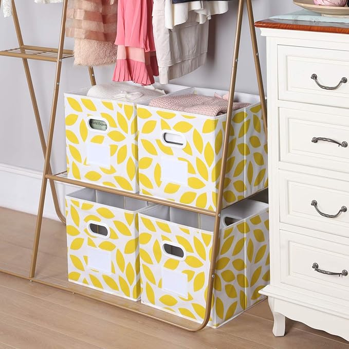 MAX Houser Fabric Storage Bins Cubes Baskets Containers with Dual Plastic Handles for Home Closet Bedroom Drawers Organizers, Flodable, Set of 6 (Yellow)