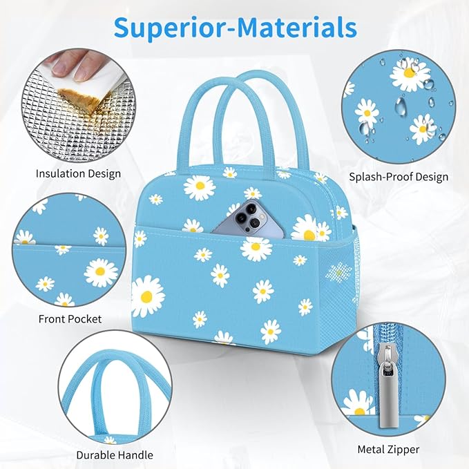 DALINDA Lunch Bag Lunch Box for Women Men Reusable Insulated Lunch Tote Bag,Food Handbags Case High Capacity for Travel Work Picnic,Sky Blue Daisy