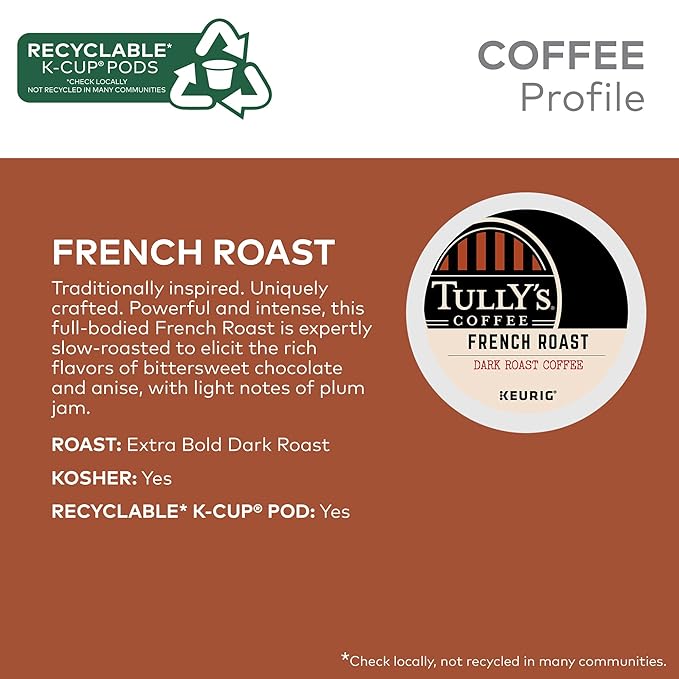Tully's Coffee French Roast, Keurig Single Serve K-Cup Pods, Dark Roast Coffee, 60 Count, (6 Packs of 10)