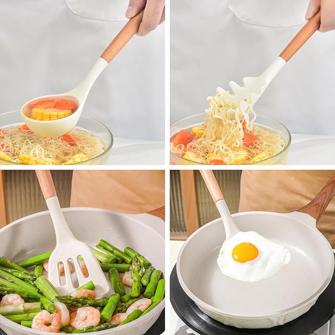 Kitchen Cooking Utensils Set 6Pcs Non-Stick Silicone Kitchen Utensils Spatula Spoon Turner Ladle Pasta Server, Heat Resistant Wooden Handle Silicone Cooking Gadgets Sets for Cookware & Baking