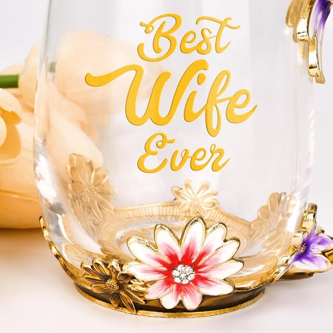 OEAGO Gifts for Wife from Husband Romantic Tea Cup Gifts for Her Birthday Flower Glass Mugs Wedding Mothers Day Christmas Anniversary