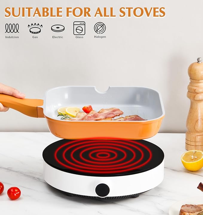 KOCH SYSTEME CS 9.5 Inch Nonstick Grill Pan for Stove Tops, Square Griddle Pan with Pour Spouts, Grill Pan for Indoor Cooking, Grill Skillet with Bakelite Handle, PTFE & PFOA Free, Orange