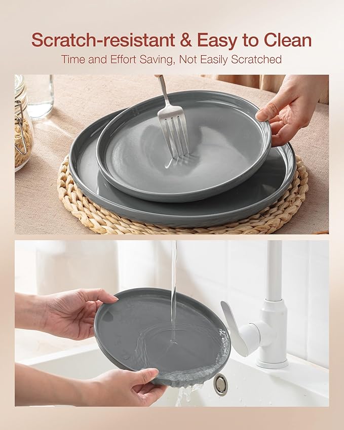 Famiware Milkyway Dinnerware Set with Mugs, Service for 4 (16pcs), Ribbed Stoneware Plates and Bowls Dishes Sets - Chip & Scratch Resistant, Microwave & Dishwasher Safe, Dark Gray