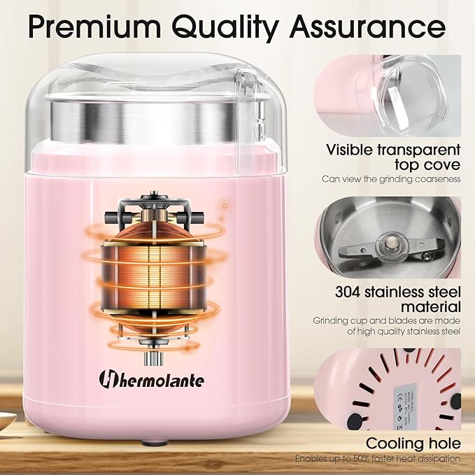 Herb and Spice Grinder, 200W Electric With Stainless Steel Blade, Cleaning Brush - Compact Size 5.11in (Pink)