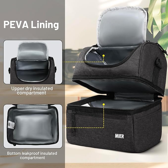 MIER Adult Lunch Box Insulated Lunch Bag Large Cooler Tote Bag for Men, Women, Double Deck Cooler (Dark Grey, Large)