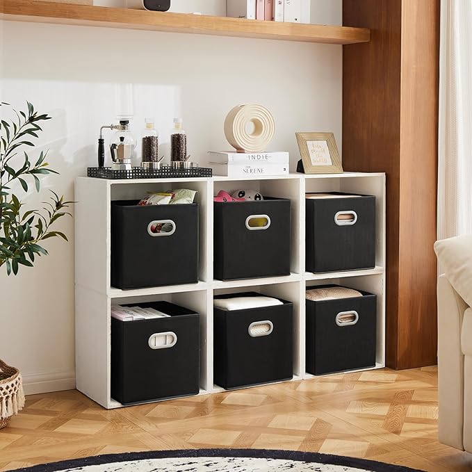 MAX Houser Fabric Storage Bins Cubes Baskets Containers with Dual Plastic Handles for Home Closet Bedroom Drawers Organizers (Black)