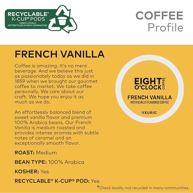 Eight O'Clock Coffee French Vanilla, Single-Serve Coffee K-Cup Pods, Medium Roast, 72 Count