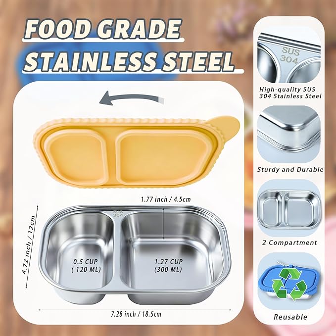 Stainless Steel Snack Containers with Silicone Lids - 2 Compartment Metal Bento Lunch Box, Leak-Proof Reusable Lunch Meal Prep Containers with 2 Forks for School, Office, Travel (Blue+Yellow, 2 Pack)