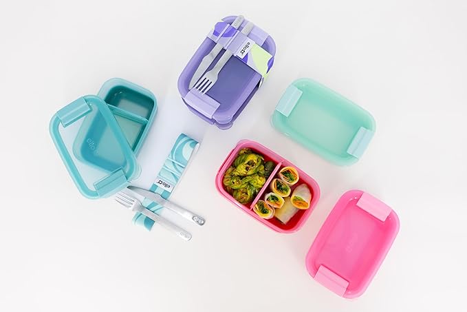 Ello 2-Pack Lunch Stack Plastic Food Storage Container Bento Box with Airtight, Leak-Proof Locking Plastic Lids and Silicone Base, BPA-Free, Freezer, Microwave, and Dishwasher Safe