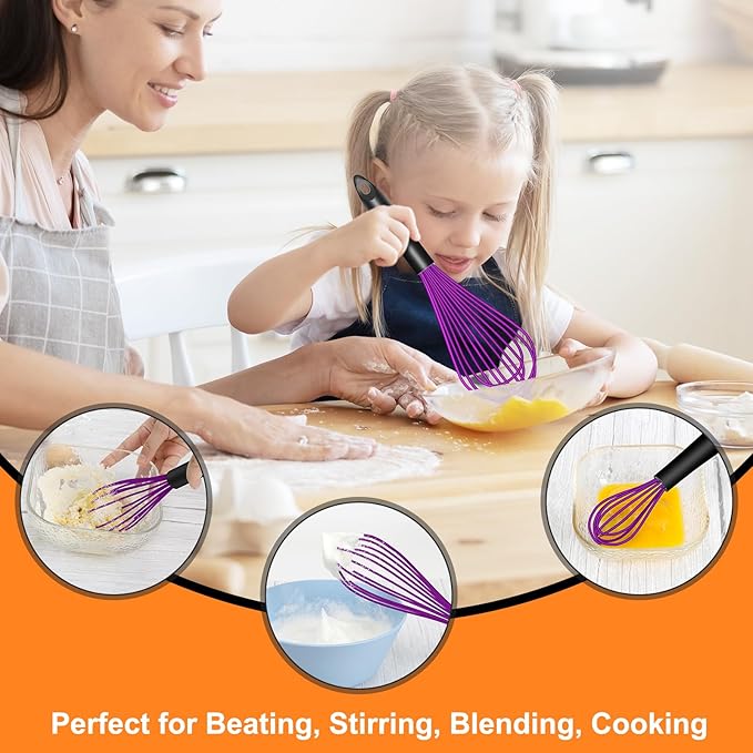 HOTEC 4 Pieces Silicone Whisks for Cooking, Wire Balloon Whisks Egg Beater, Non-slip Handle Whisk for Non-stick Cookware Perfect for Cooking, Stirring, Beating and Blending (Purple)