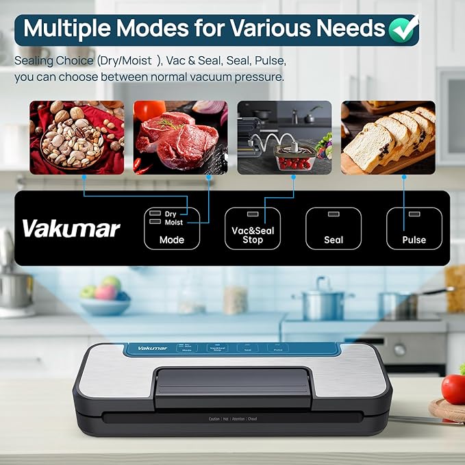 Vakumar Vacuum Sealer Machine, 80Kpa Food Vacuum Sealer Machine with Double Pump, Dry,/Moist, Pulse Mode, Handle Locked Design, LED Indicator Light & Cutter,12MM Widened Heating Strip