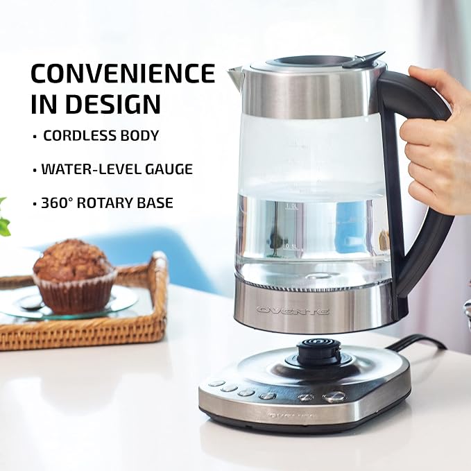 OVENTE 1.7L Electric Tea Kettle with Removable Infuser, Variable Temperature Control, Keep Warm Function, 1500W Fast Heating Water Boiler, BPA Free Borosilicate Glass & Easy to Fill Lid, Silver KG733S