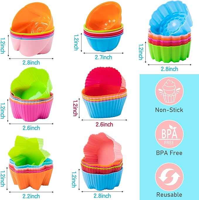 R HORSE 42 Pack Silicone Cupcake Molds - 2 Inch Mini Size Multi Flower-Shaped Baking Cups Non-Stick Donut Wrapper Mold Wrappers Holders Muffin Liners Washable for Pan Oven Microwave Dishwasher
