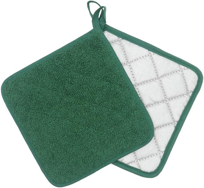 Cotton Pot Holders Cotton Made Machine Washable Heat Resistant Everyday Kitchen Basic Terry Pot Holder, Hot Pads, Trivet for Cooking and Baking Set of 4 (Dark Green)