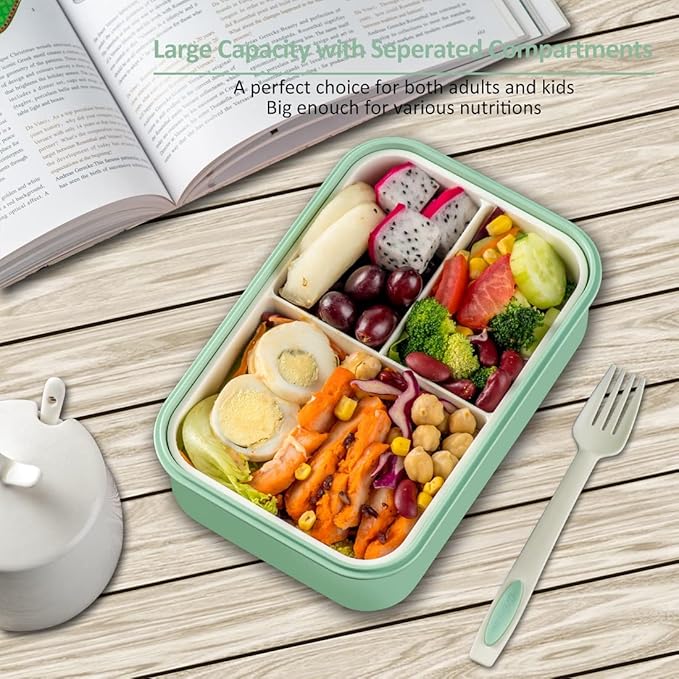LOVINA Bento Boxes for Adults - 1100 ML Bento Lunch Box For Kids Childrens With Spoon & Fork - Durable Perfect Size for On-the-Go Meal, BPA-Free and Food-Safe Materials(Green)