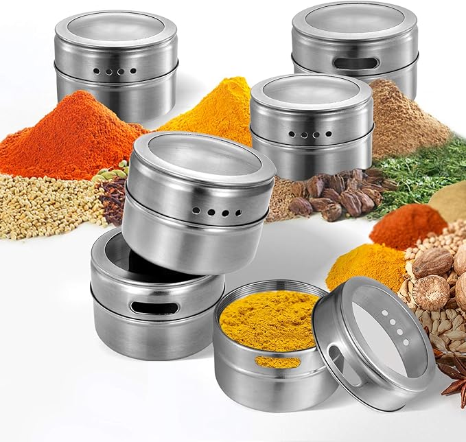 Upgrade Magnetic Spice Jars 12pcs with Wall Mounted,Stainless Steel Spice Tins with Lid and Small Holes for Sprinkle Rust Free Easy to Clean Includes 94 Labeling Stickers by Beeyoka