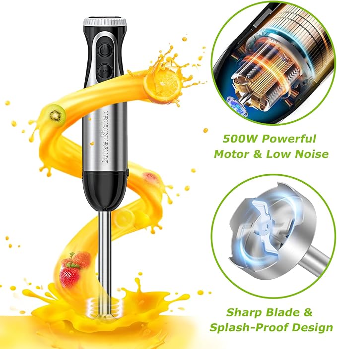 Hand Blender 4-in-1, Bonsenkitchen Stainless Steel 20-Speed Immersion Blender with Food Grinder Bowl, Measuring Mug, Egg Whisk for Smoothies, Baby Food, Sauces, Soups, Puree